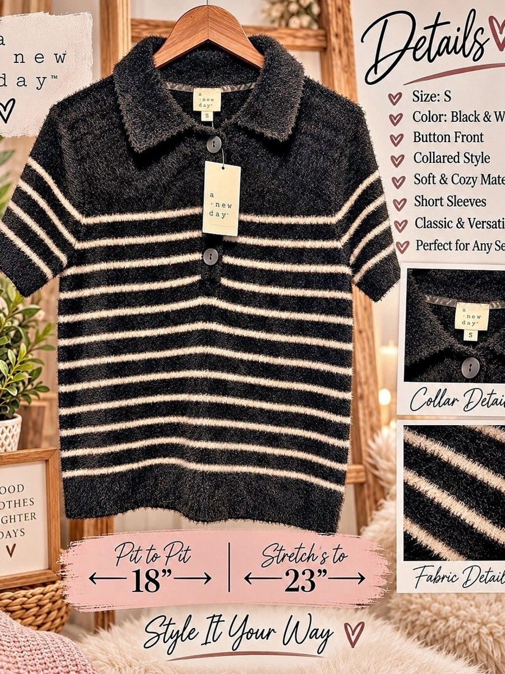 A New Day Striped Fuzzy Polo Sweater Black & White Small